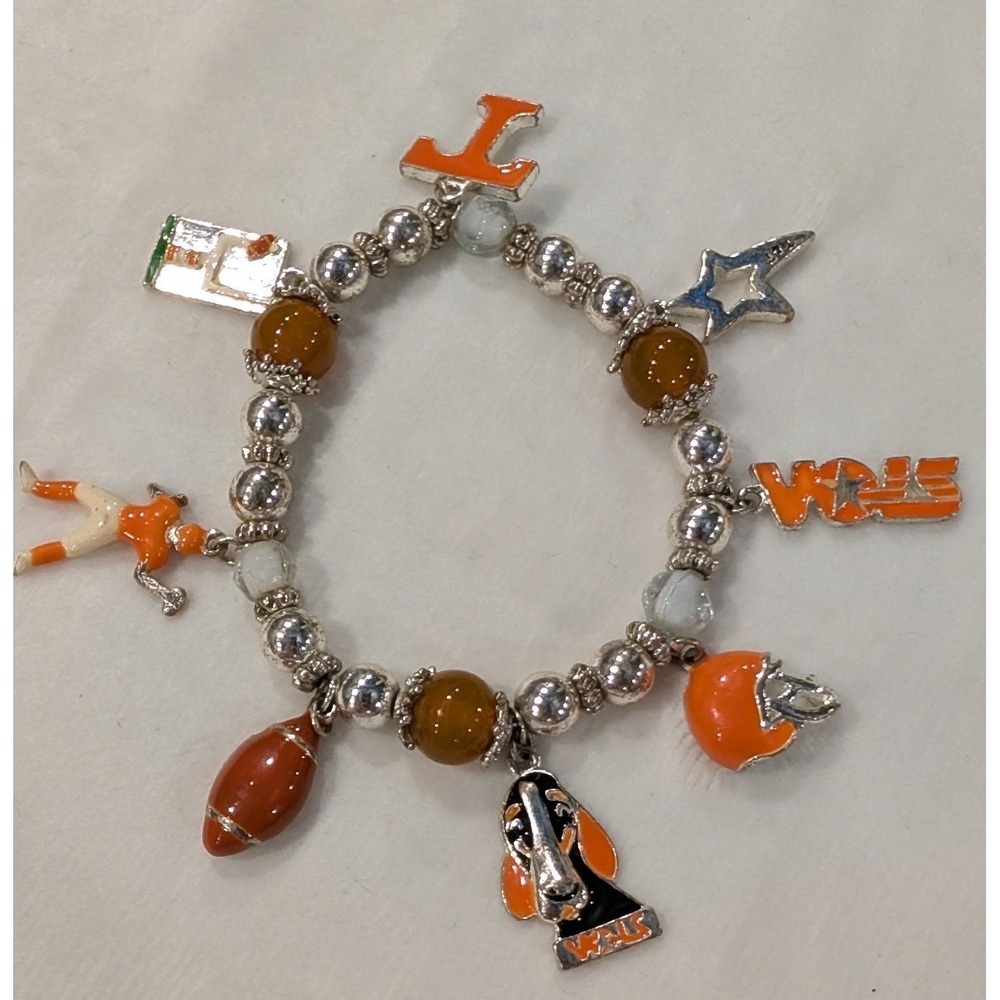 Tennessee Volunteers UT Vols NCAA Charm Bracelet Orange Silver Tone Stretch Bead